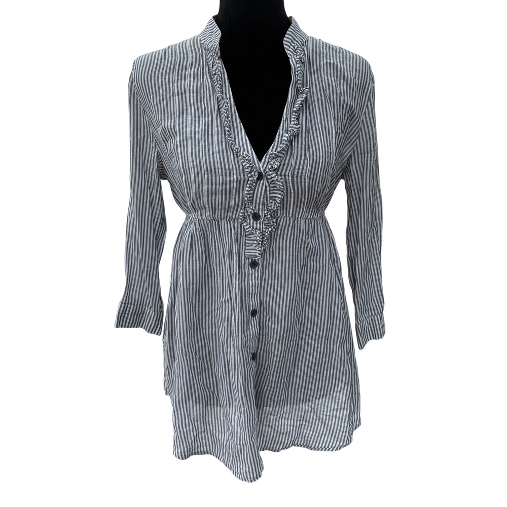 Twenty One Blue White Striped Ruffle V-Neck Cotton Empire Waist Tunic Top